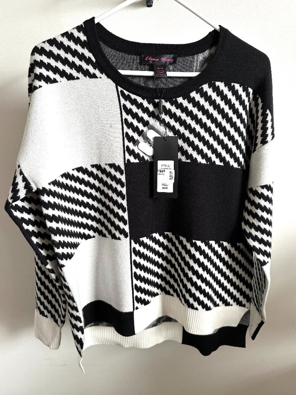 NWT Elena Wang Houndstooth Colorblock Knit Pullover Sweater Black White Medium